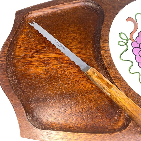 Vintage Gail Craft Quality Woodenware Fruit & Cheese Board w Attached Knife EUC - Picture 5 of 10